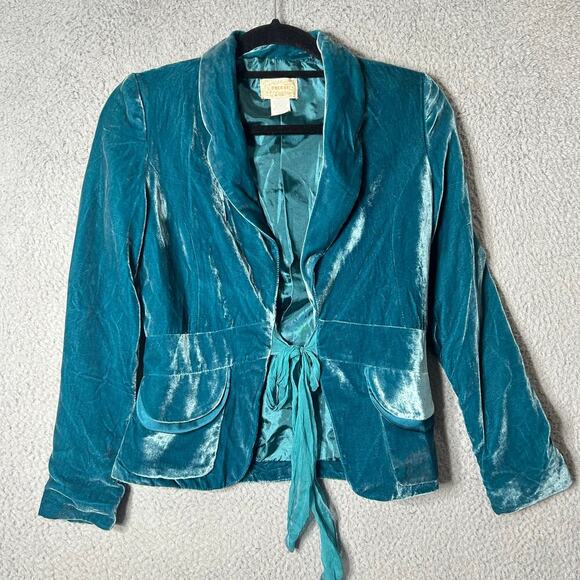 Moon Blazer Womens S Turquoise 100% Silk Velvet Tie Front Formal Blazer - Picture 3 of 12